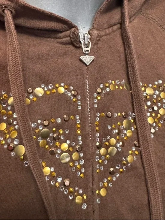 ROXY Vintage Y2K Bedazzled Logo Brown Zip Hoodie - Picture 6 of 6